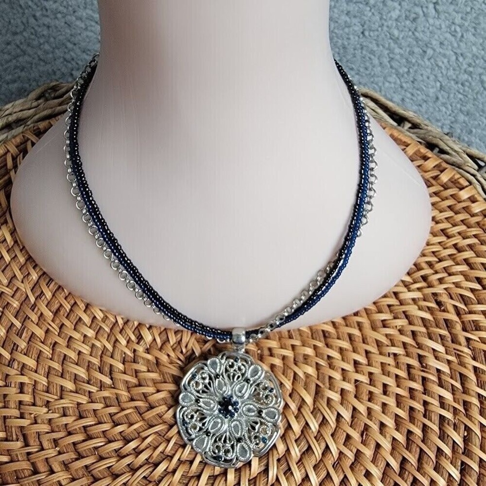 Express Women's Necklace 18" Silver Tone Filagree Medallion with a Blue Accents
